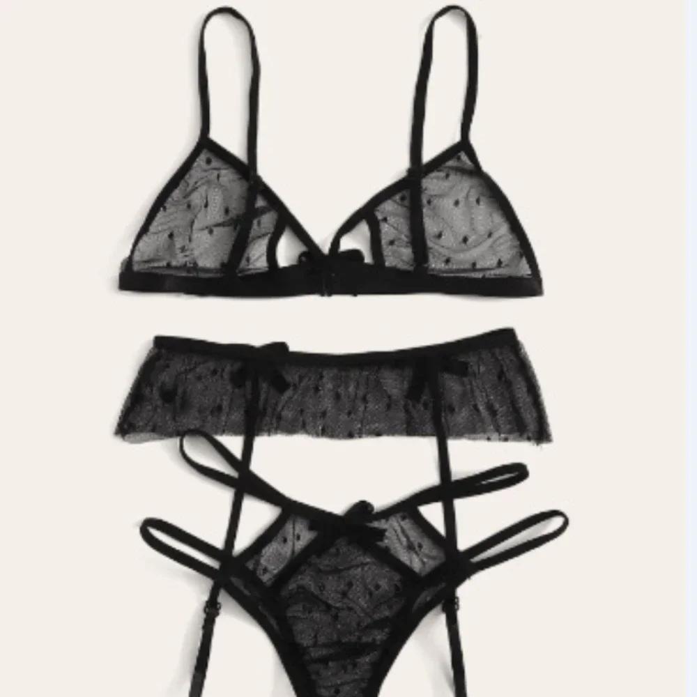 Sexy Women Lingerie Set Polka Dot Mesh Bra Thongs Garters Transparent Lace Underwear Exotic Sex Costume