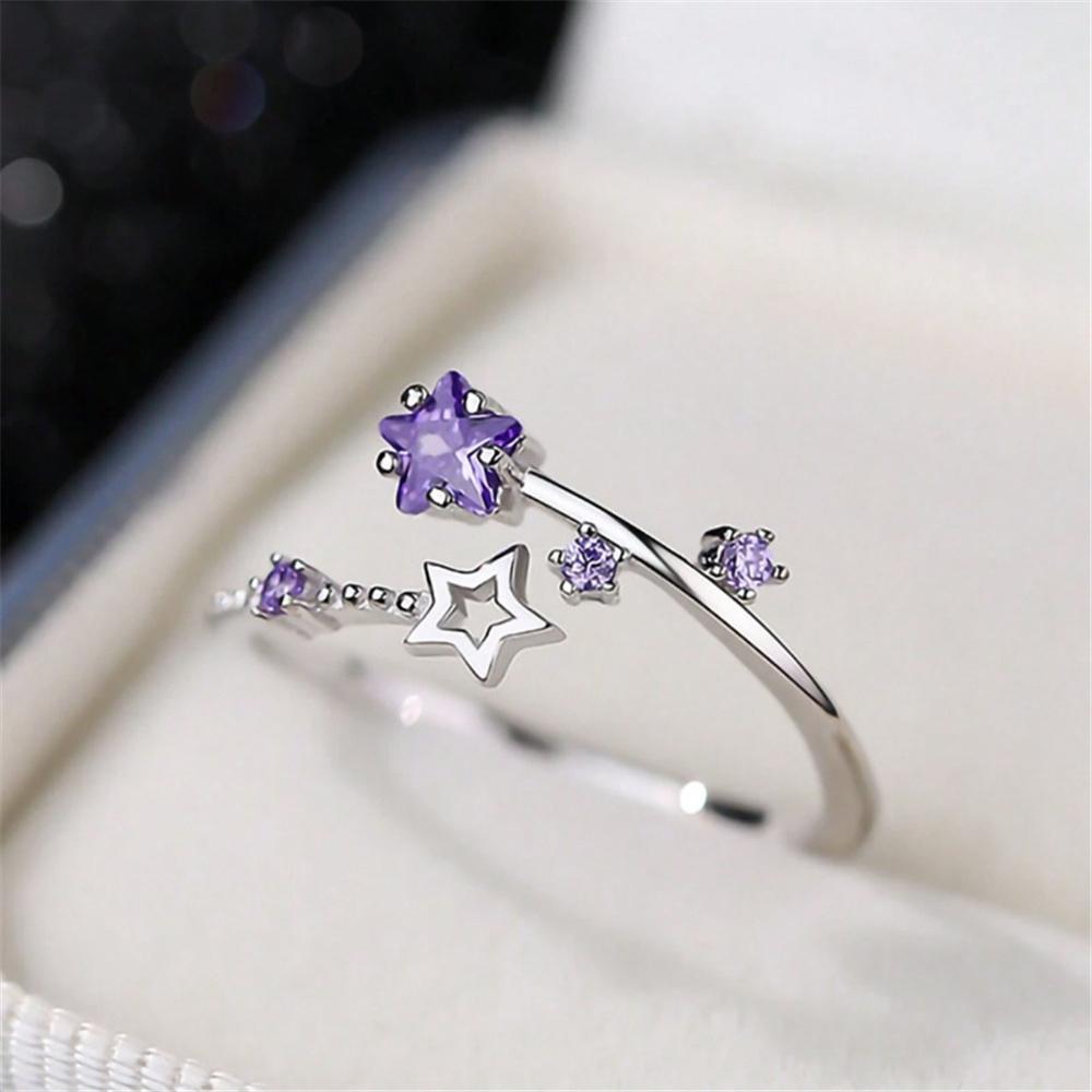 

Cute Female White Purple Stone Silver Color Star Wedding Rings Promise Open Adjustable Engagement For Women resizable білий