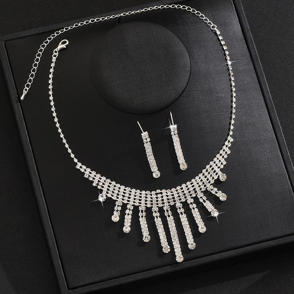 Brilliant Rhinestone Tassel Necklace Earrings Set Bridal Wedding Accessories
