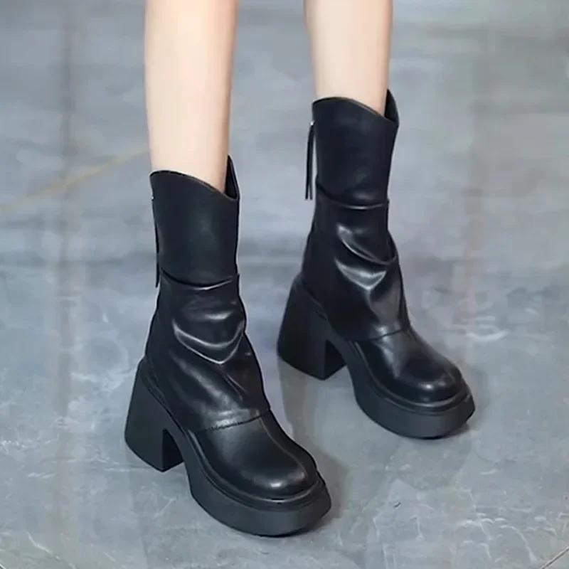 Fashion Fashion Round Toe Thick Sole All-match Ankle Boots Women's Chunky Heels Platform Comfortable Short Boots Increase Shoes 2024