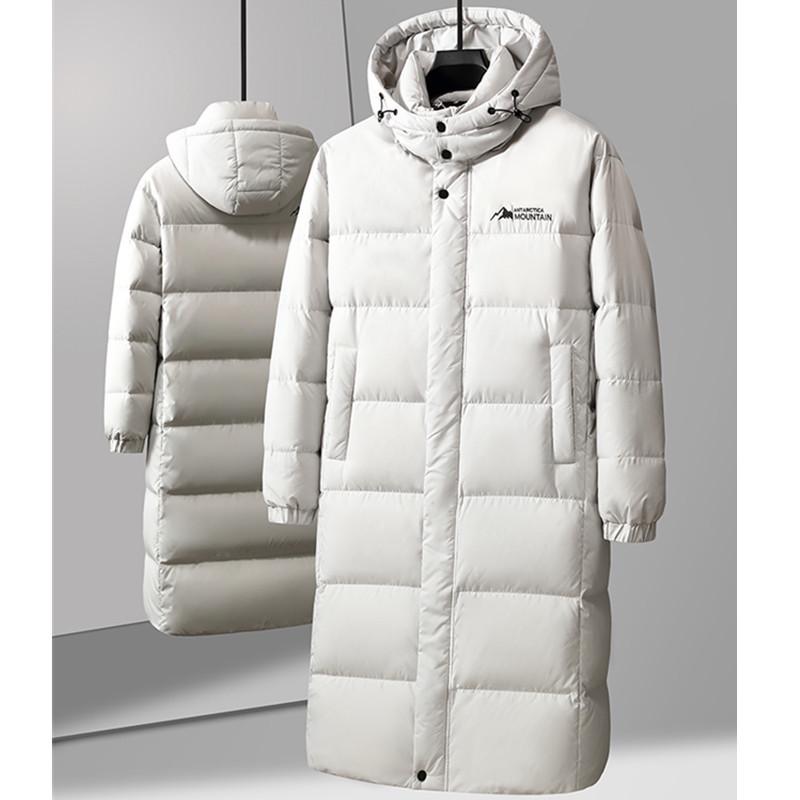Men's Trendy Hooded Mid-Length White Duck Down Jacket - Warm Winter Outerwear for Couples.