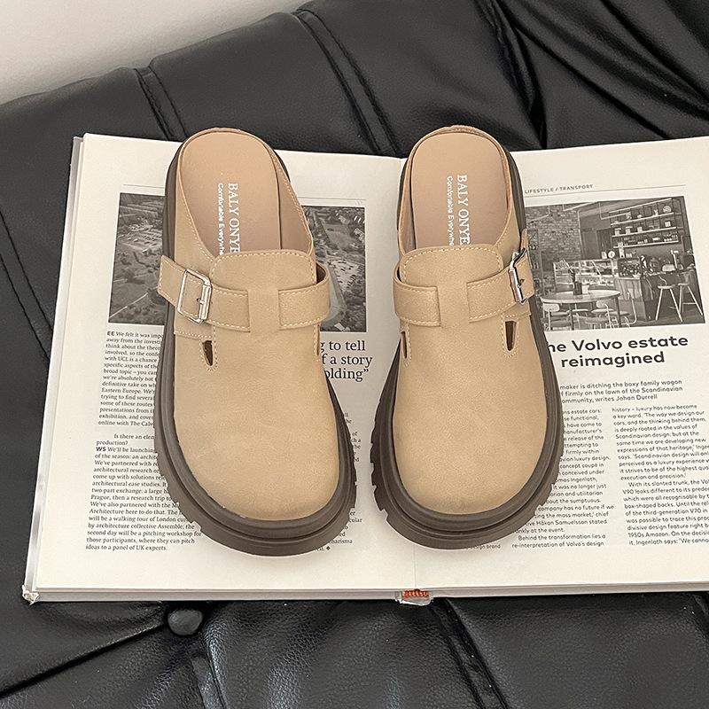 

Модная обувь на танкетке с толстой подошвой и большой головой, женские осенние ретро шлепанцы из полукожи с ремешком и пряжкой, ленивые, на одном педале 35 абрикосовый