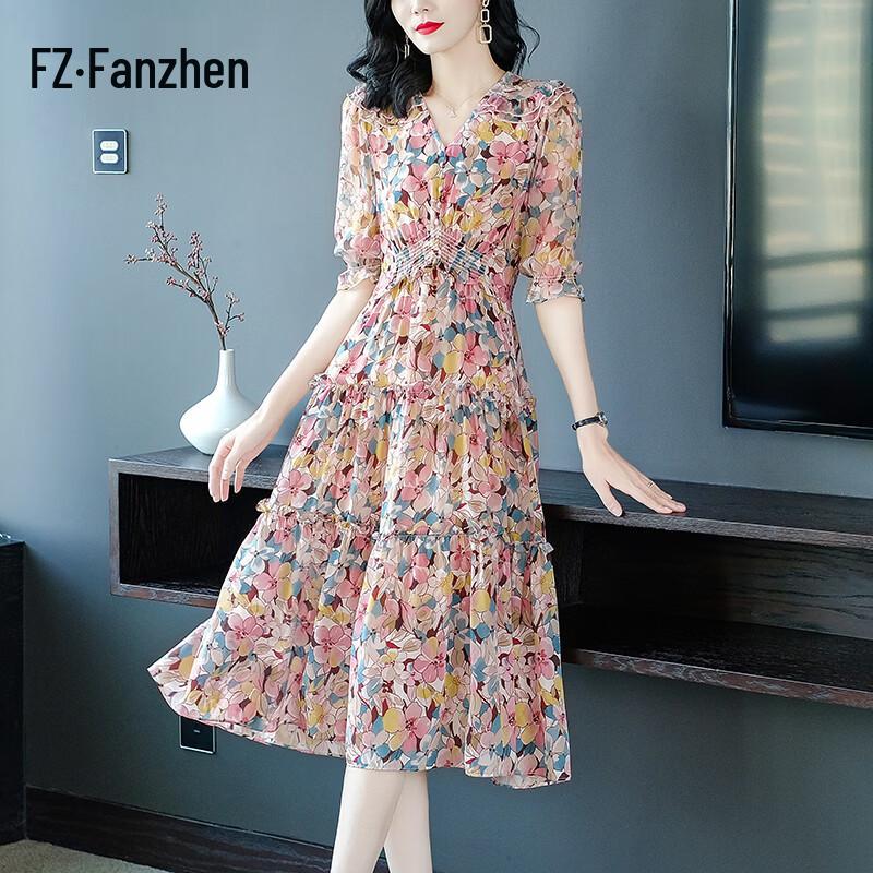 Fanzhen 100% Mulberry Silk V-neck Printed Mid-length Dress L