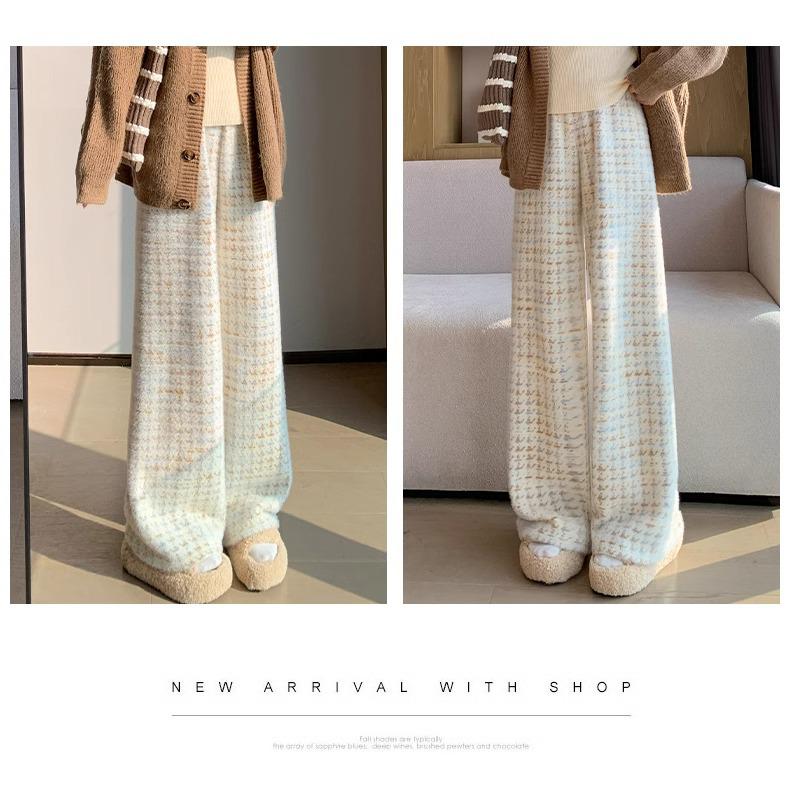 Women's High-Waist Plaid Houndstooth Velvet Pants - Coffee Blue, Wide-Leg, Wool Blend, Petite, for Autumn/Winter