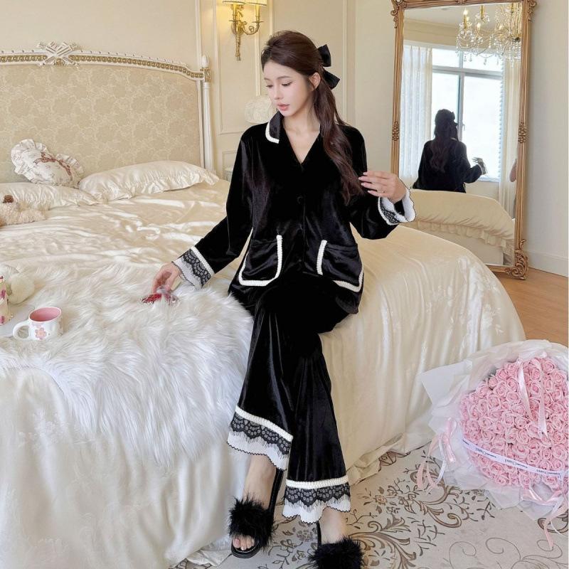 New golden velvet pajamas women's autumn and winter cardigan comfortable lace temperament French long-sleeved trousers set loungewear