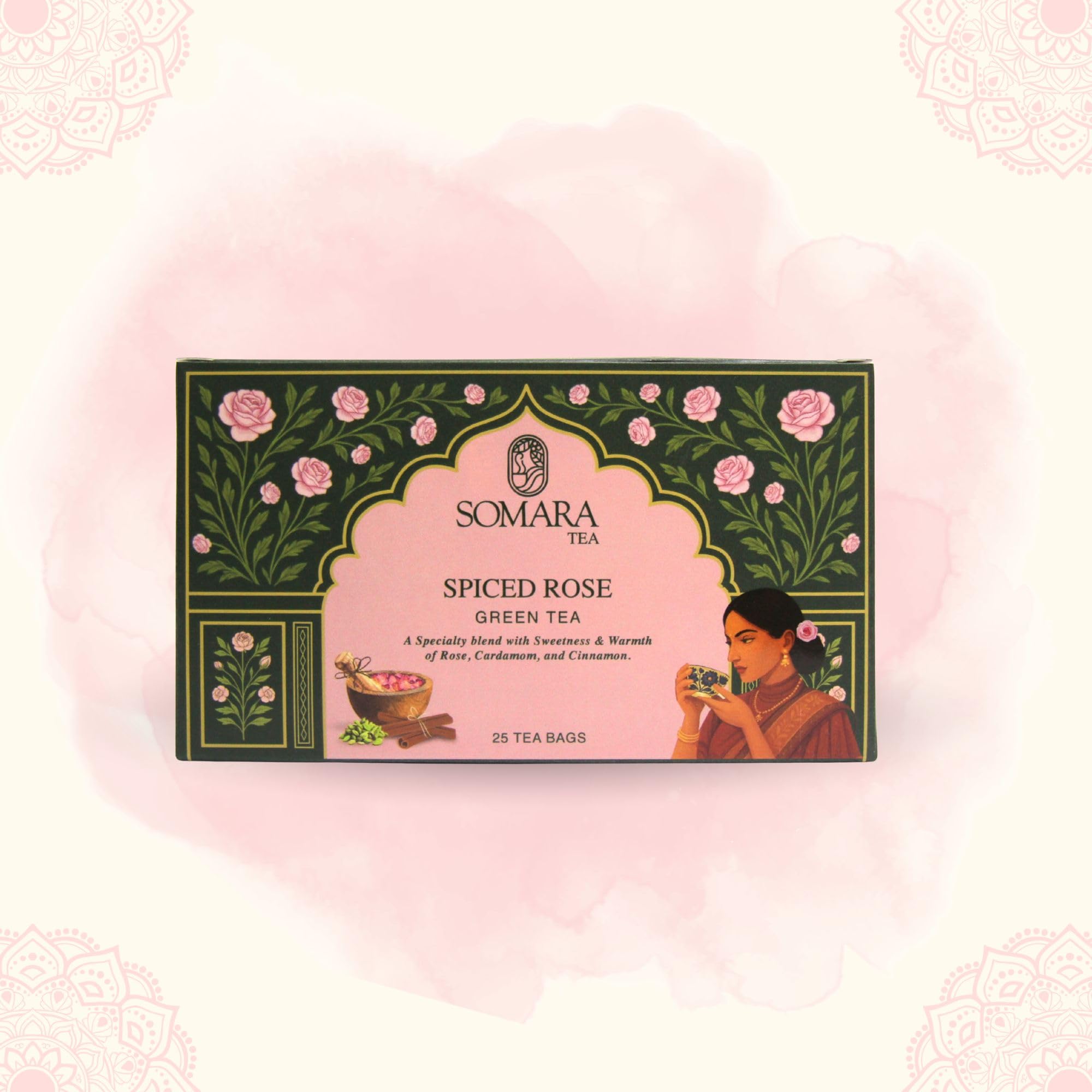 Spiced Rose Green Tea, Rose Petals with Cardamom and Cinnamon, Biodegradable Tea Bags, No Added Sugar, Low Caffeine, 25 Tea Bags