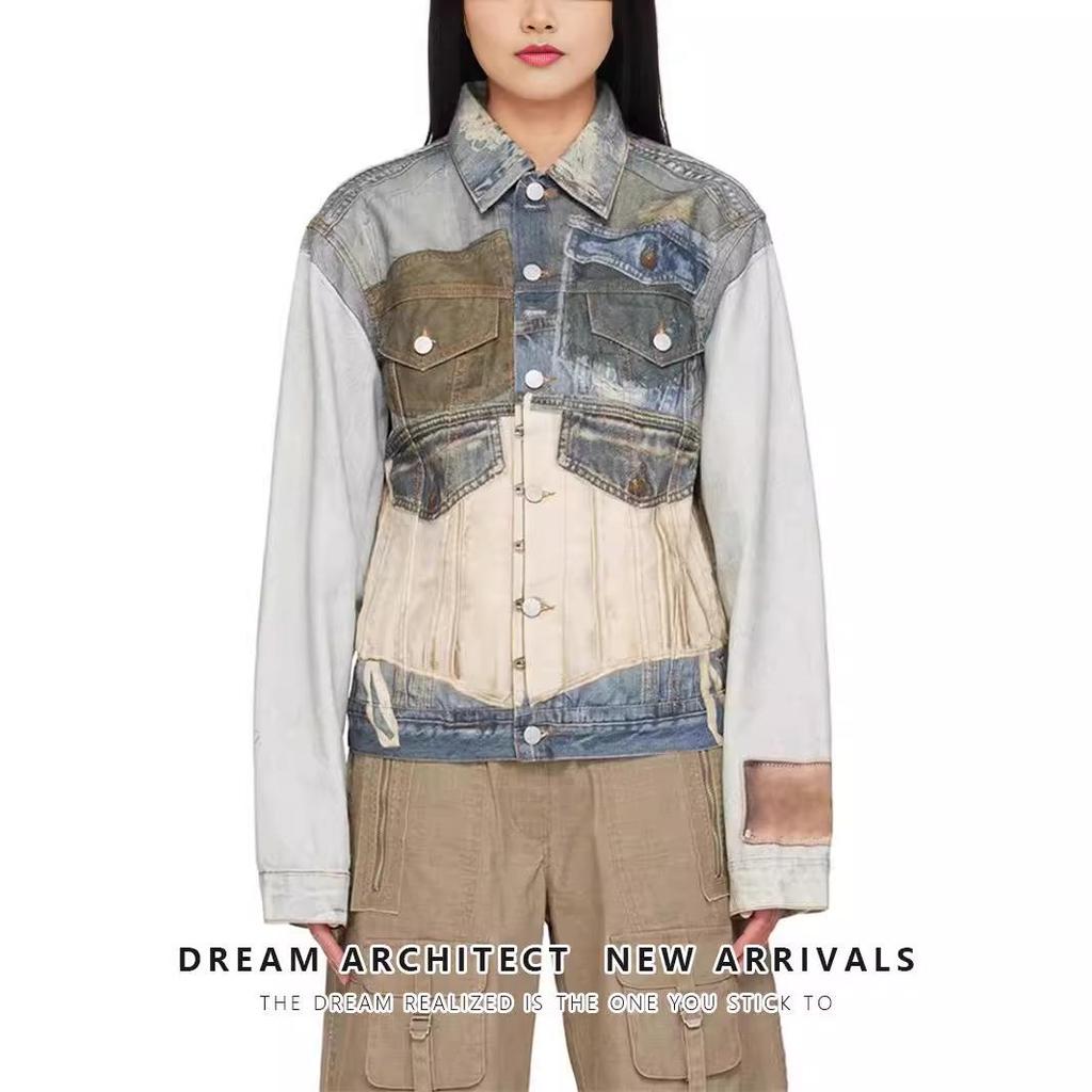 Damen Retro Slim-Fit Rissige Jeansjacke mit Visuellem Print