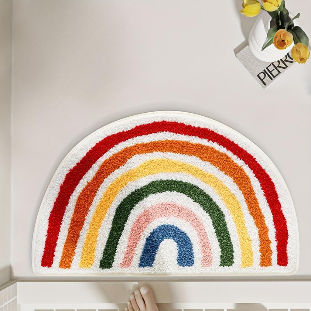 Fluffy Rainbow Bath Rug, Semicircular Polyester Knit Fabric Bath Mat, Absorbent Bathroom Carpet, Fluffy Plush Winter Decor Decoration