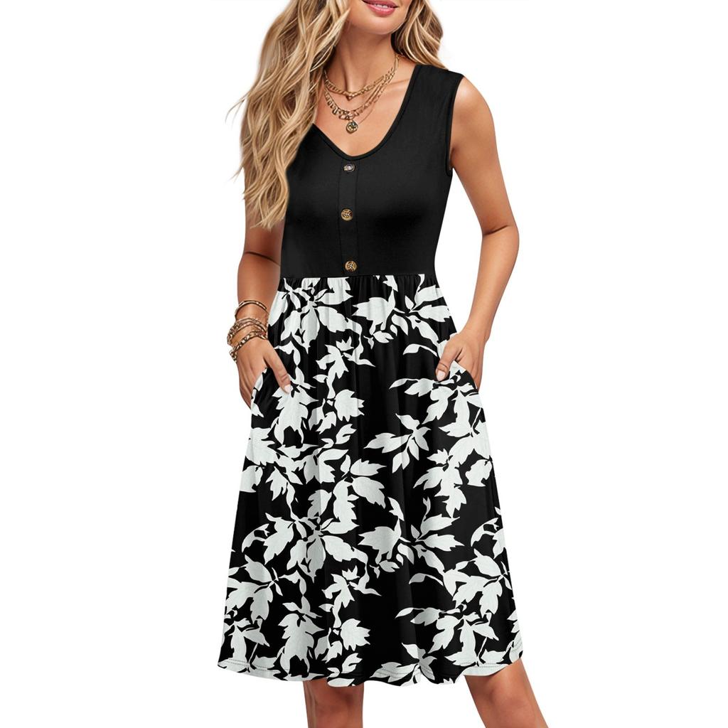 Women Summer Printing Dresses Sleeveless Casual Loose Swing Button Down Midi Sundress With Pockets