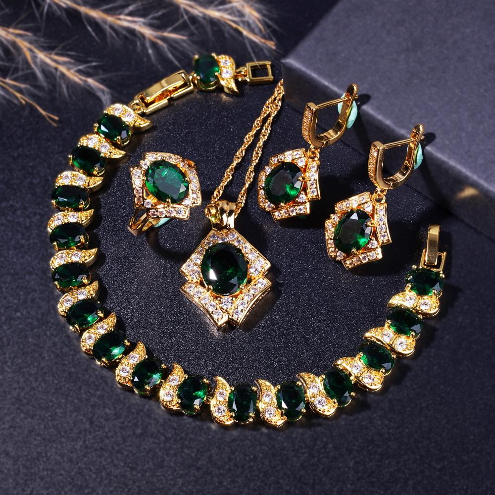 Ensemble de Bijoux de Luxe en Cuivre Plaqué Or avec Zirconia Élégant Bracelet Pendentif Collier, Boucles d'Oreilles Cadeaux de Noël