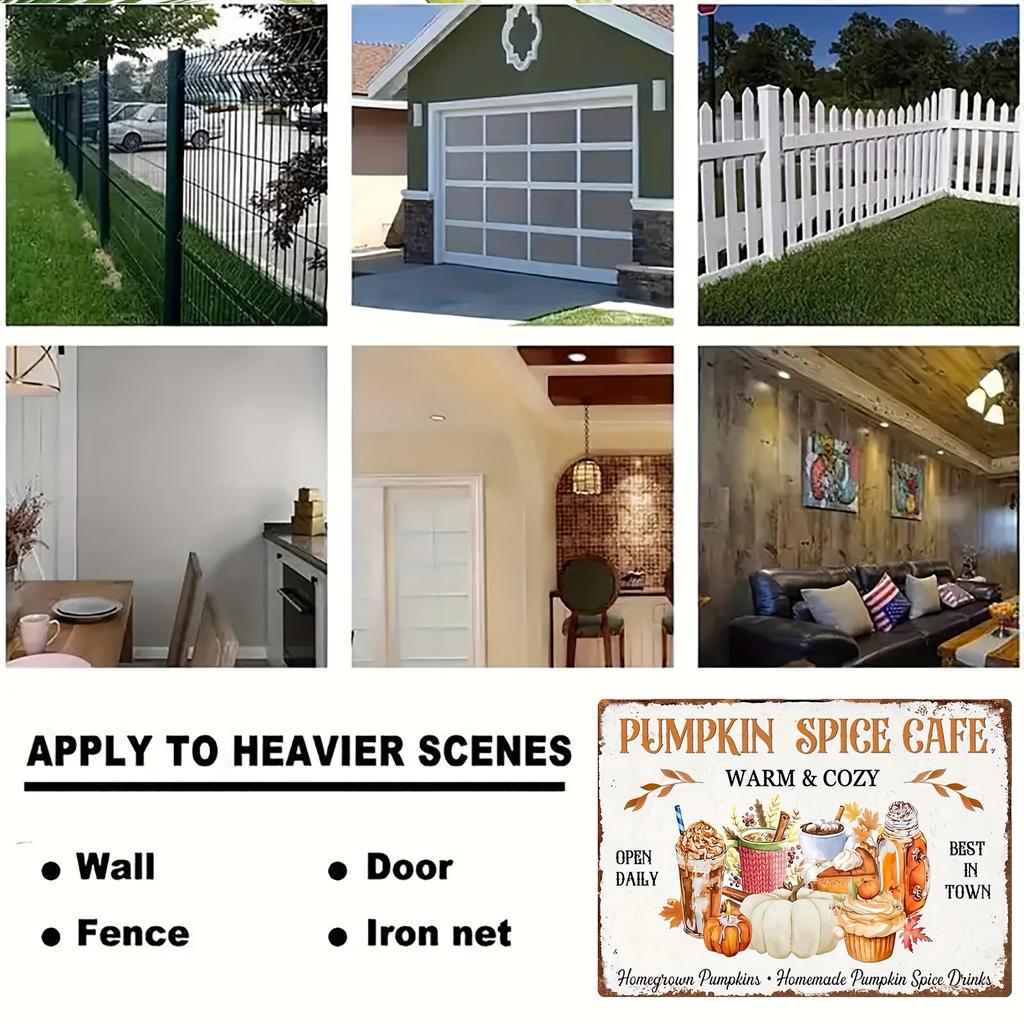 2D Flach - 1 Stück Vintage Kürbisgewürz Café Metallschild - 8x12 Zoll | Rustikale Wanddekoration mit Kaffee, Cupcakes und Herbstblättern | Pro