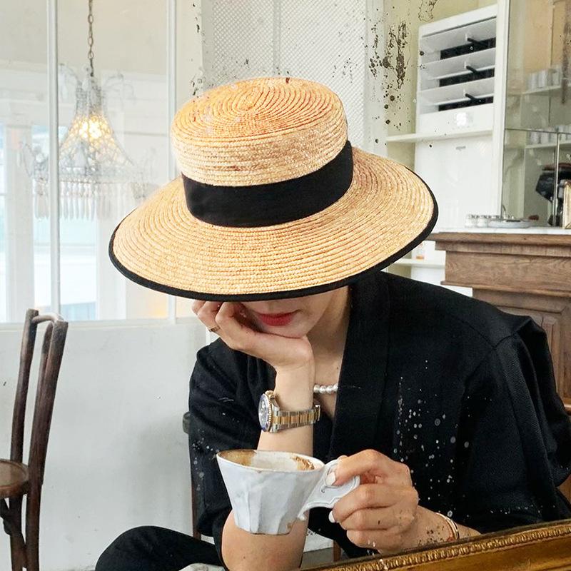 New Trendy Elegant European American Style Straw Hat Wide Brim Sun Hat Woven Edges Flat Top Women Seaside Vacation Party Sun Cap