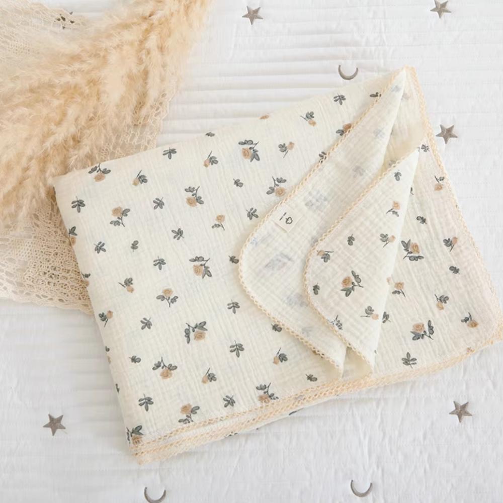 Soft Floral Muslin Baby Blanket Two Layers Cotton Baby Swaddle Wrap Lightweight Sleeping Blanket Summer