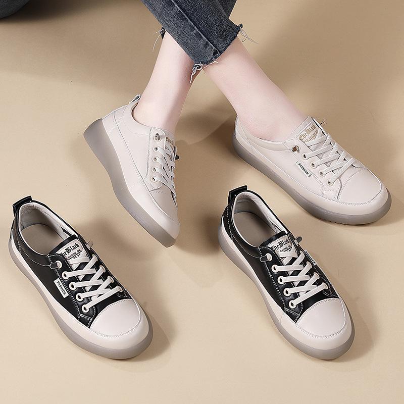 Women's Cowhide White Slip-On Shoes: Summer/Autumn Soft Sole, Casual Elastic Band Sneakers