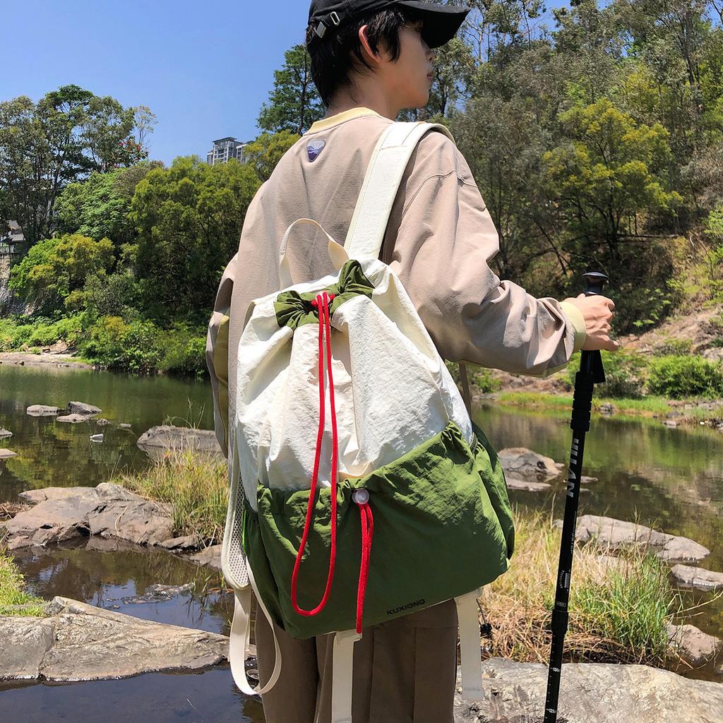 Schoolbag New Casual Backpack Drawstring Beam Contrasting Color Versatile Large Capacity Outdoor Mountaineering Hiking Backpack