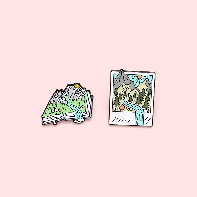 Geometric Cartoon Design Landscape Brooch Colorful Book Pin For Trendy Personal Accessories