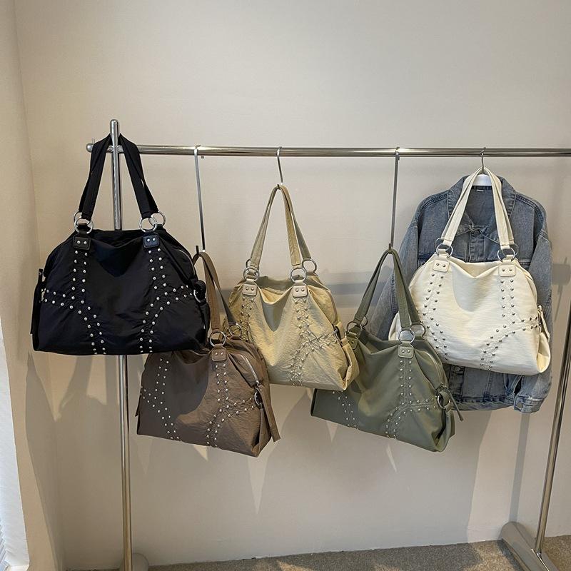 Fashionable Rivet Nylon Tote Bag for Women Large Capacity Underarm Bag Summer Trend Pure Color Shoulder Bag