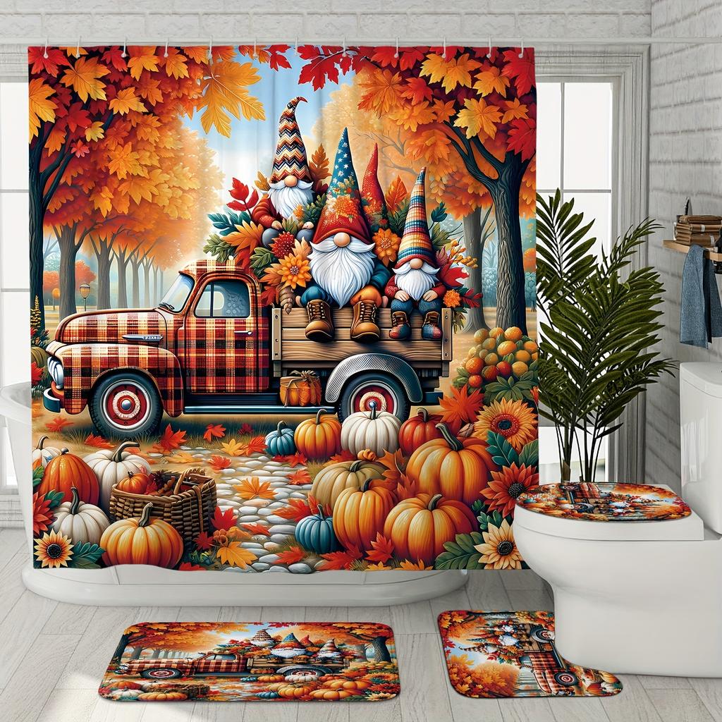 Pumpkin Shower Curtain Set - Includes Shower Curtain & Bath Mat, Non-Slip Rug And U-Shaped Toilet Lid Cover For Bathroom Decor