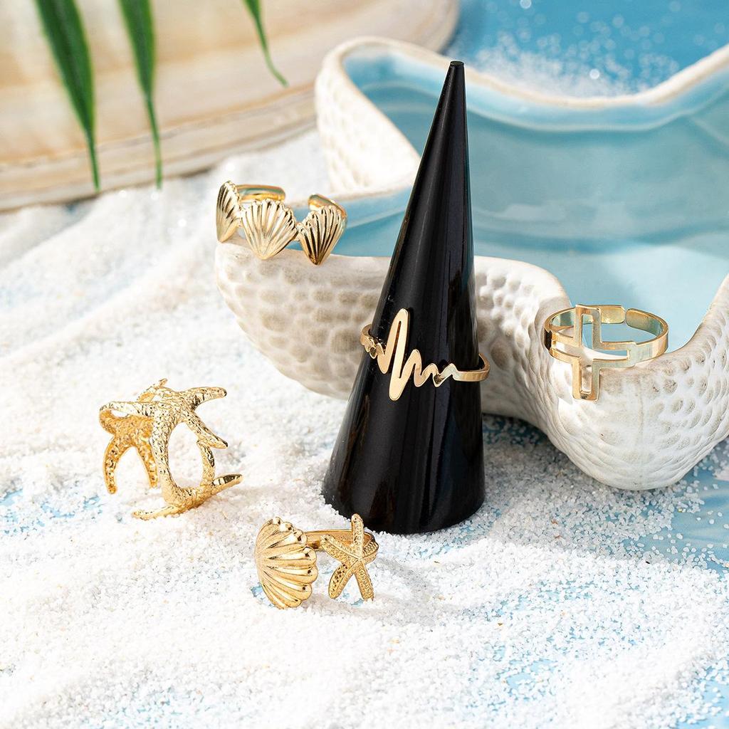 Minimalist Starfish & Wave Adjustable Open Ring Set