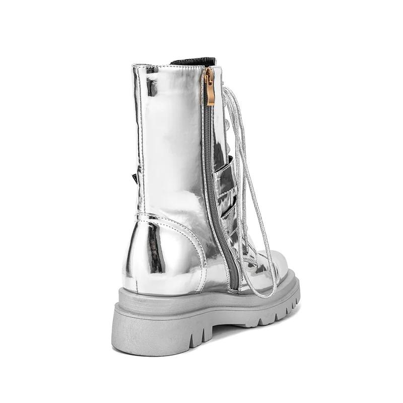 Fashion Silver Belt Buckle Cross Strap Rhinestone Short Boots Casual Motorcycle Thick Sole Knight Boots Women Winter Silver  Boots