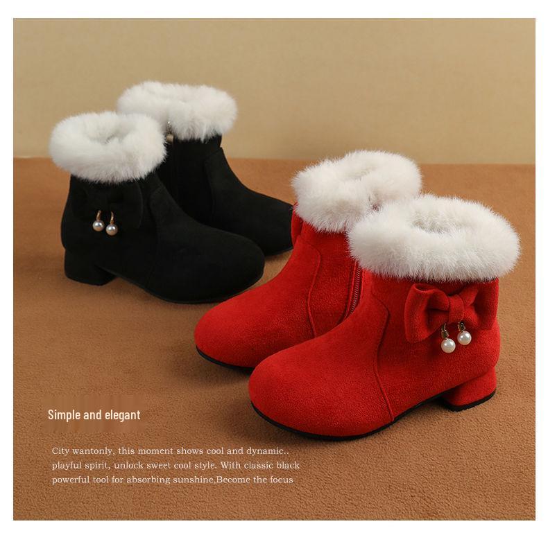New Red and Black Girls' Cotton Princess Ankle Boots - Low Heel, Autumn/Winter