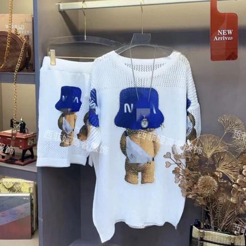 Plus Size Women's Summer Bear Print Knitted Two-Piece Shorts Suit