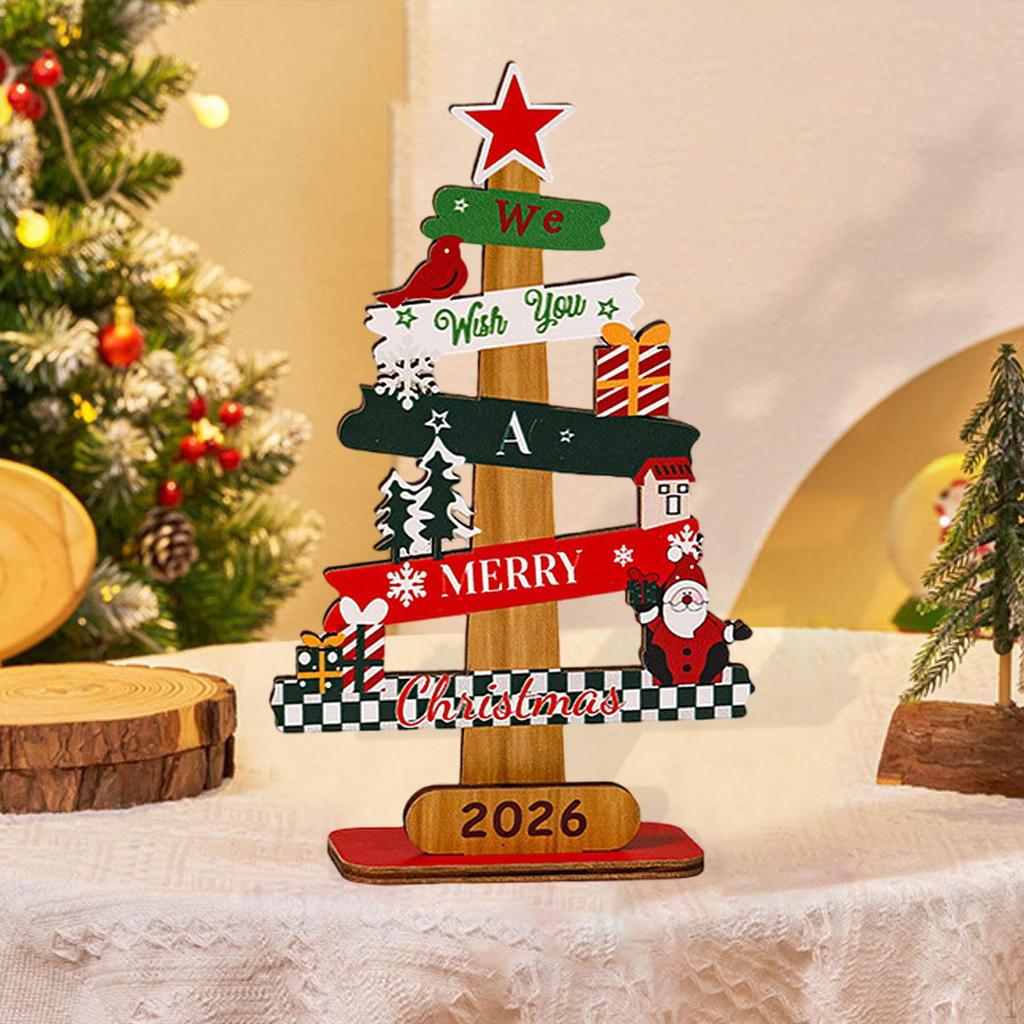 Wooden Christmas Tree Sign Plaque Small Xmas Desk Ornament for Bedroom Bookshelf