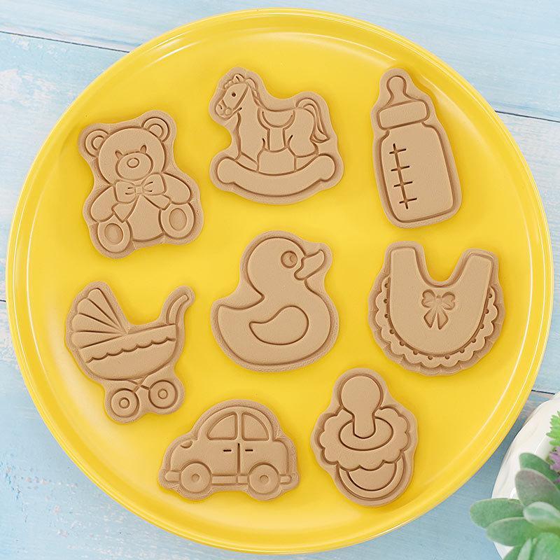 8 Pcs Food Grade Plastic Cookie Cutters 3D Cute Cartoon Press Type Stamps for Home Kitchen DIY Biscuit Baking