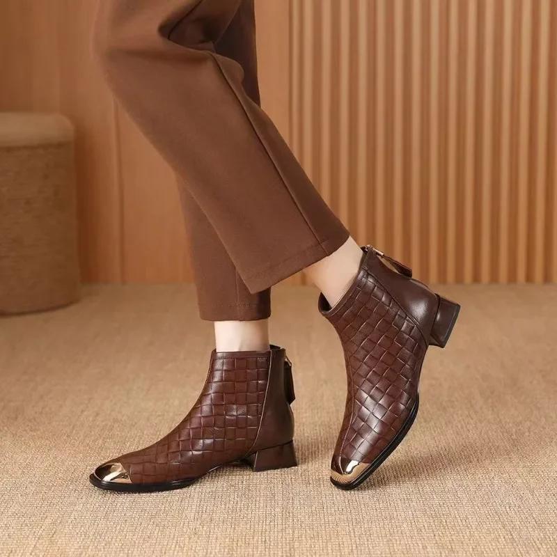 Fashion Women's Thick Heel Short Boots 2024 Spring/Autumn/Winter New Retro Mid Heel Boots Back Zipper Checkered Leather Boots