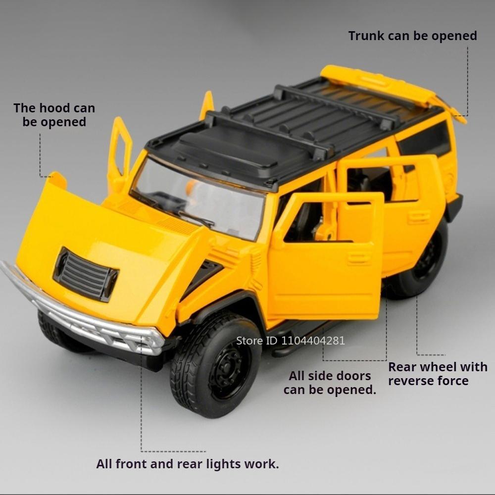 1:32 H2 Alloy Off Road Vehicle Diecast Model Toys Car Sound Light Pull Back Rubber Tire Doors Opened Models Children's Day Gifts