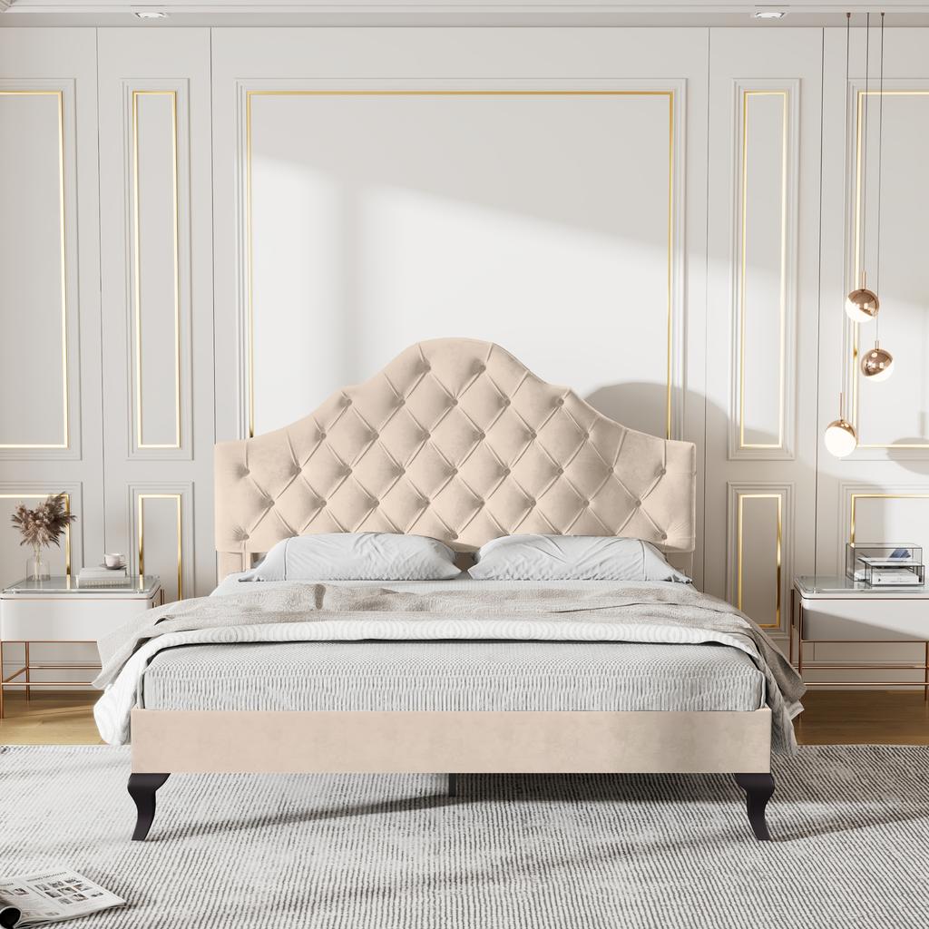 Polsterbett 140*190 mit Holzlattenrost und höhenverstellbarem Kopfteil, für Erwachsene und Jugendliche, Einfache Montage, Samt, Beige