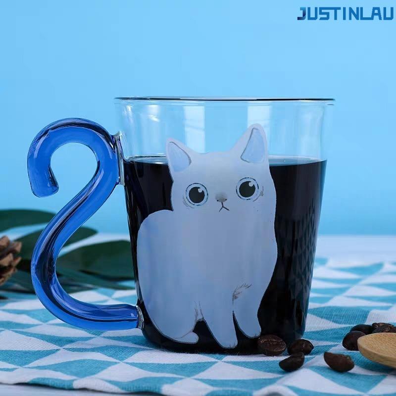 

Milk Juice Cup Coffee Cup Cute Cat Transparent Glass Cup Suitable for Couples To Give Gifts with Handle Glass Cup Mug 301-400ml