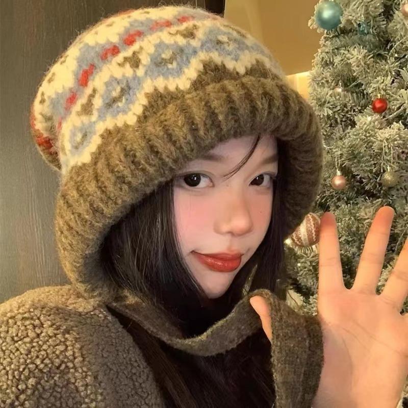 Fisherman knitted hat children autumn and winter plush retro wool hat warm ear protection big head circumference cold hat men's headgear hat