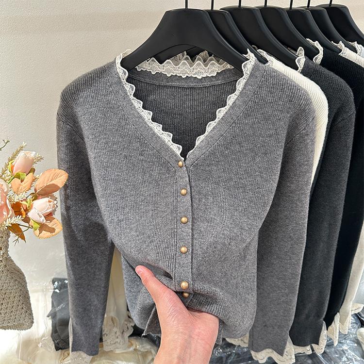 V-neck sweater cardigan women's spring and autumn soft waxy high-end versatile top small fragrant lace splicing knitted jacket