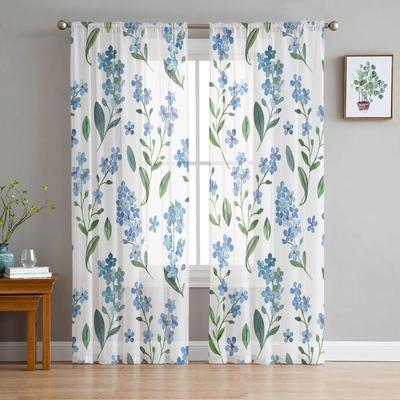 Frühling Aquarell Blaue Blume Bauernhof Ländliches Schlafzimmer Transparente Gardinen Urlaub Dekoration Fenster Voile Tüll Vorhang
