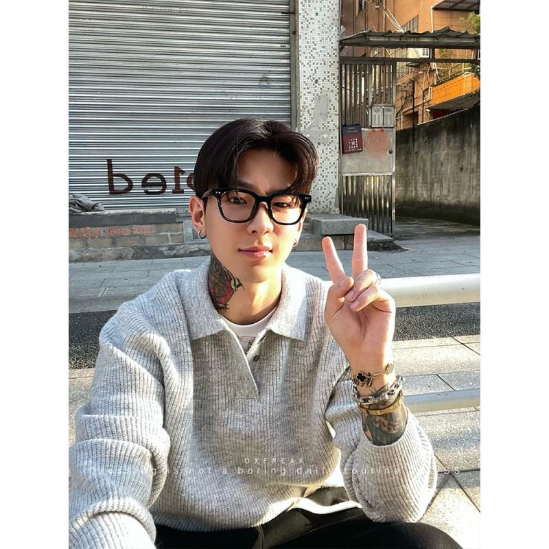 Mens Gray Collared Long Sleeve Knit Polo Sweater Loose Casual Old Money Style Fall Winter