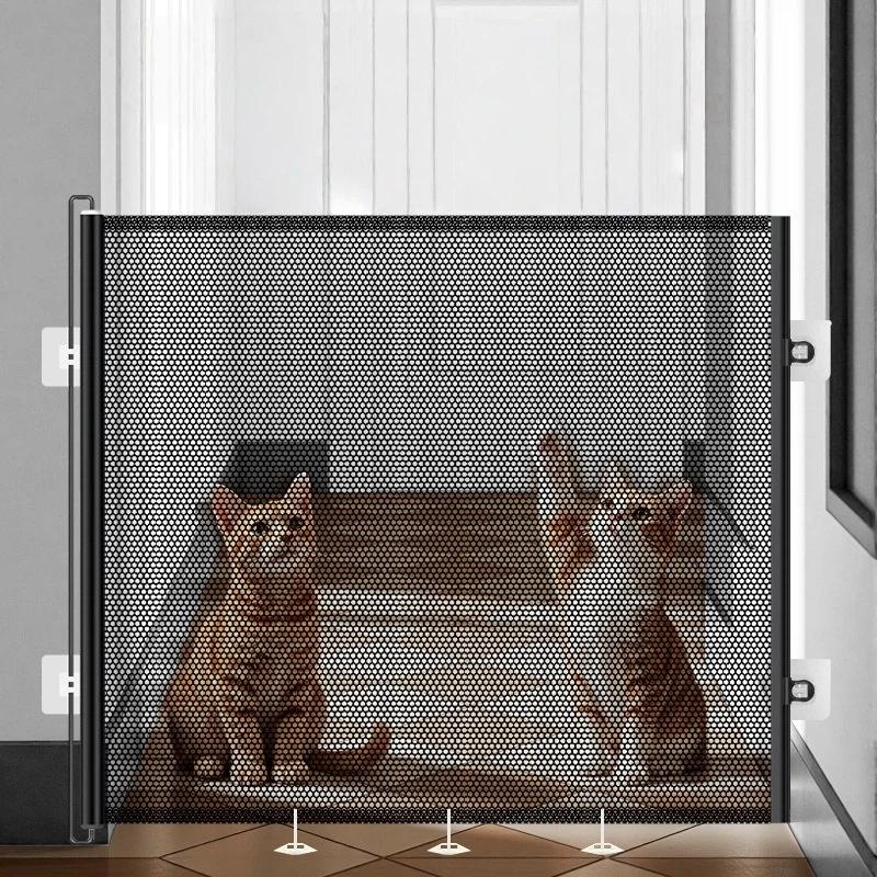 Retractable Cat Gate Anti-Jump Pet Fence - Adjustable Indoor Barrier for Cats with Walk-Through Door