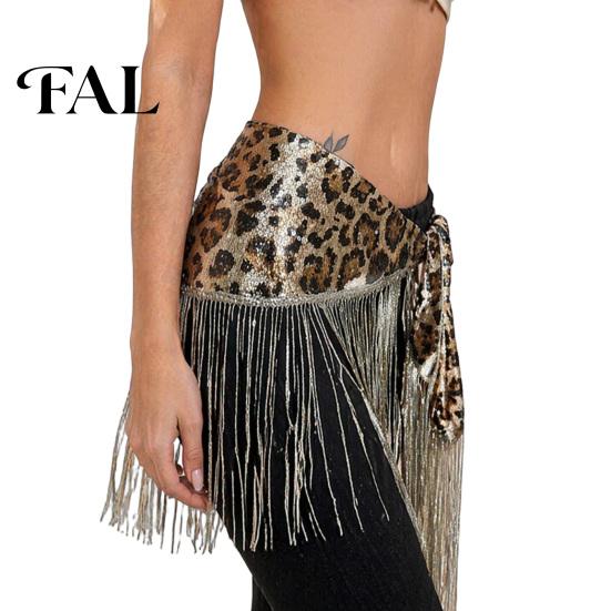 Hip Wrap Skirt Women Leopard Fringe Scarf, Belly Dance Sequins Skirt, Sequin Waist with Tassels, Stage Performance Clothing Accessories Scarf золотистый