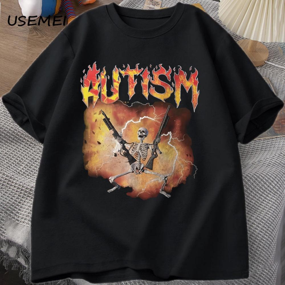Autistic Funny Skeleton T-Shirt Men Women Autism Meme Graphic T Shirts Harajuku Fashion Vintage T Shirt Unisex Streetwear M