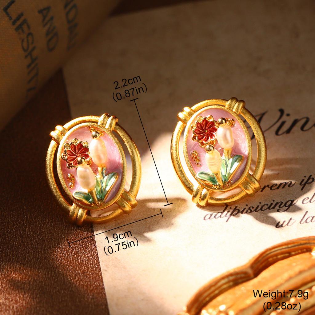 French court style natural pearl oil painting series niche high-end earrings retro new love geometric earrings women