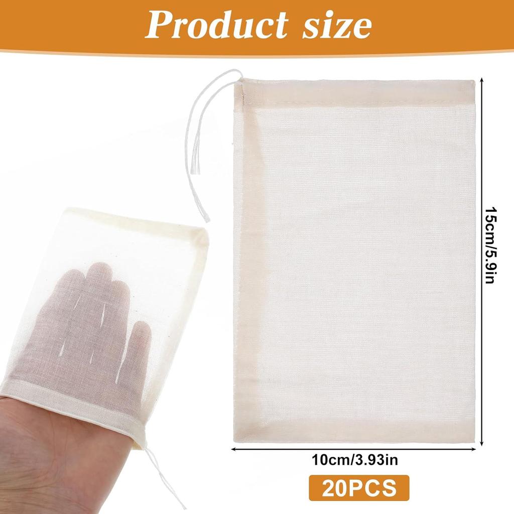 20Pcs Spice Bags for Cooking Unbleached Reble Tea Bags, Muslin Drawstring Cheese Cloth Cotton Bag for Straining Sachet Bag Loose Leaf Tea (6x4