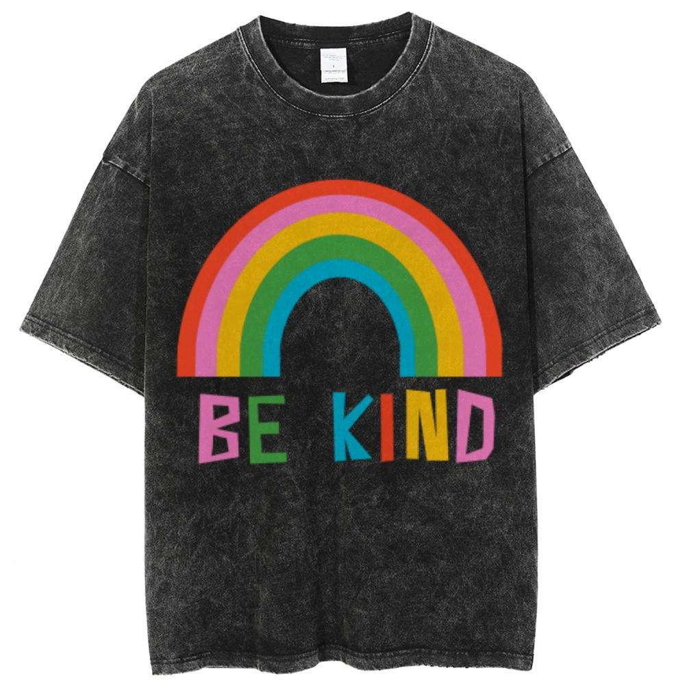 Be Kind Rainbow Print Women's T-Shirt Oversized Loose Wash Short Sleeve Unisex Fashion Design Casual Niche Top