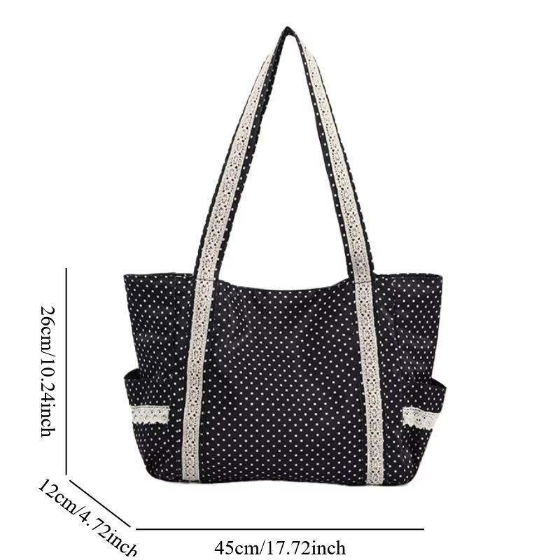 Korean Multi Pocket Polka Dot Lace Shoulder Bag,Vintage Canvas Y2k Girls Tote Bag,Sweet Cute Commuter Work Everyday Handbag