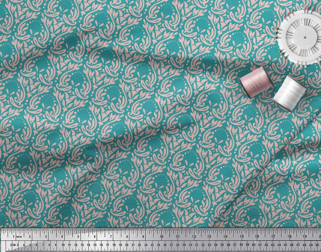 Soimoi Red Japan Crepe Satin Fabric Palmette Damask Decor Fabric Printed Metre 42 Inch
