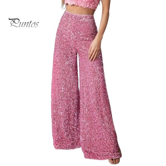 Women Casual Pants Elastic High Waisted Wide Leg Trousers Sparkling Leisure Design Sequin Parties Vacation Streetwear Soft
