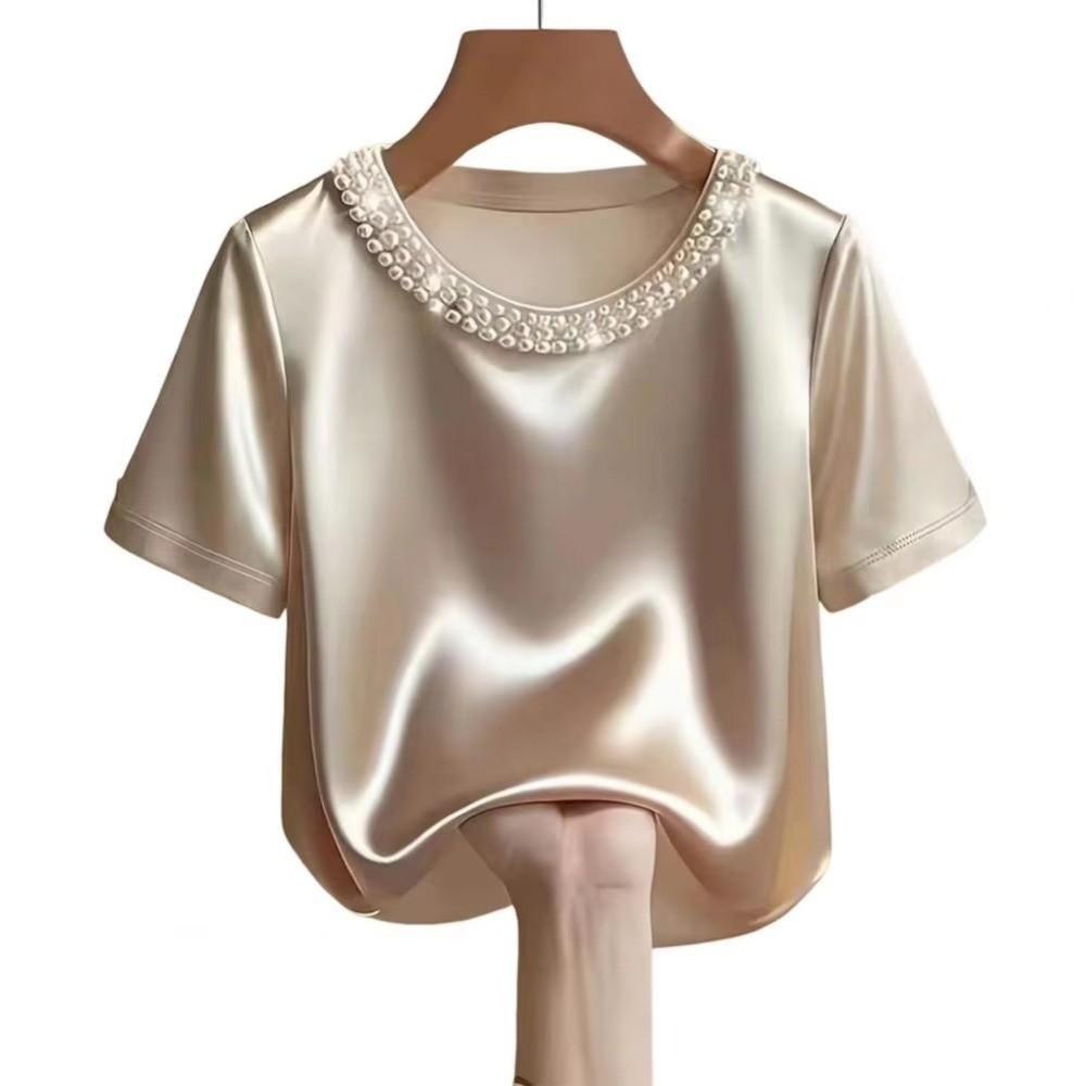 French Style Satin Silk T-Shirt Loose Short Sleeve Top Business Casual Women's Tops  Ladies
