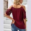 Nuova maglietta casual da donna con maniche in pizzo, scollo a V, tinta unita, con spalline, in pizzo, effetto off-the-shoulder, stile europeo e americano
