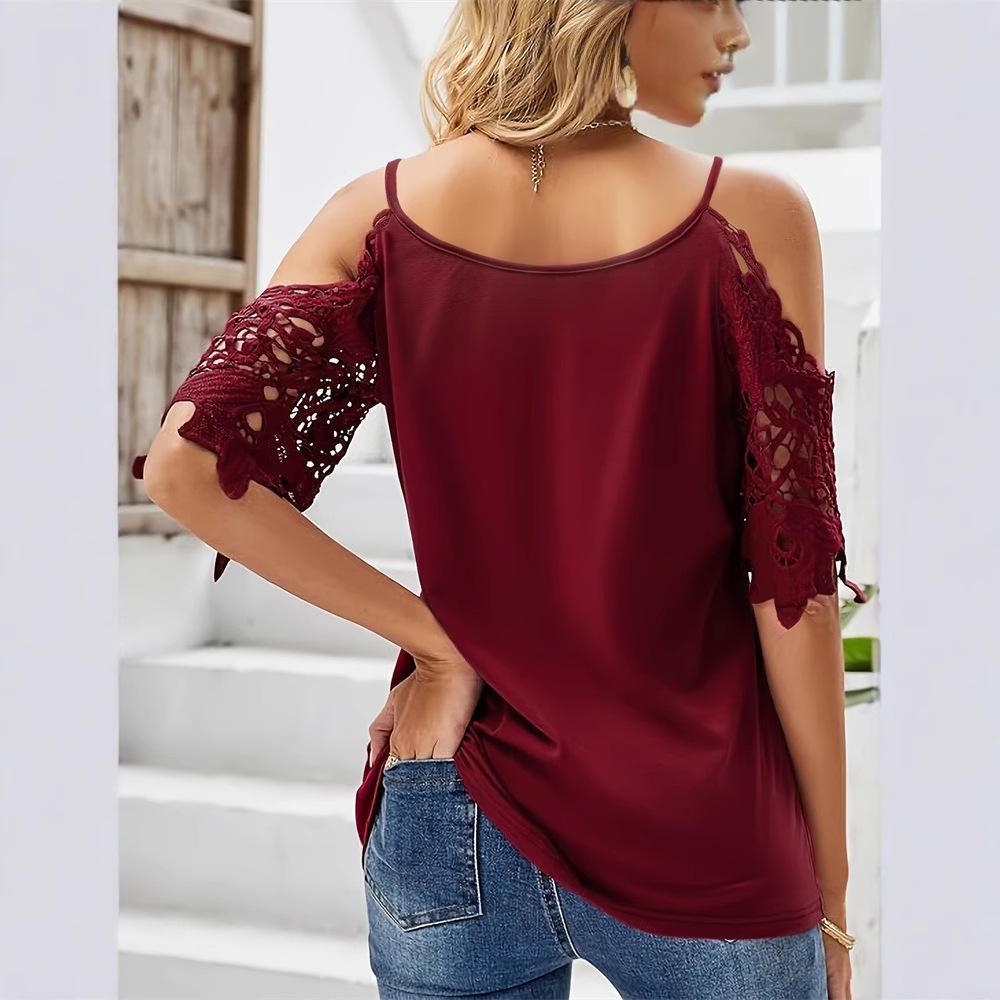 Nuova maglietta casual da donna con maniche in pizzo, scollo a V, tinta unita, con spalline, in pizzo, effetto off-the-shoulder, stile europeo e americano