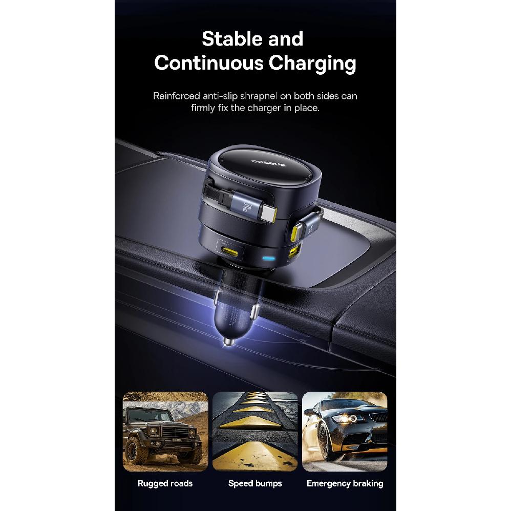 Baseus 90W USB Type-C Car Charger Dual Retractable Cable PD QC SCP AFC PPS Fast Charging For Tablet iPhone Samsung Huawei Xiaomi