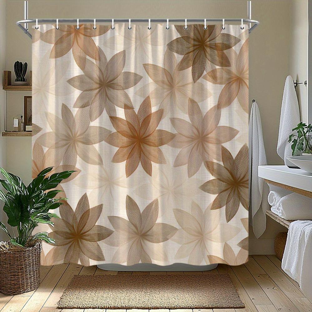 1Pc Brown And Beige Floral Patterned Shower Curtain, Polyester Fabric, Machine Washable, Suitable For Bathroom Dcor.